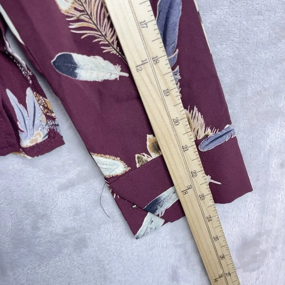 Pinkyotto New York Blouse Mock Nexk Feather Print Burgundy Top Med Boho Earthy